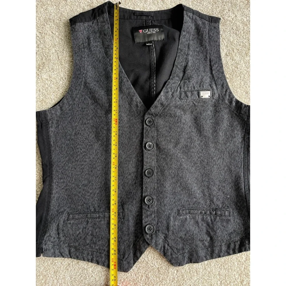 Guess Mens Vest Grey Black Textured Button Front Cinch Back L Preppy Casual